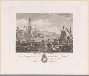 Mediterraan landschap met figuren en vee in een haven