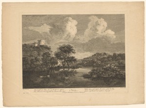 Meer in een landschap met ruïne, in de middag