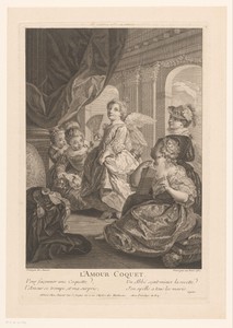 Meisje met vleugels en waaier in een galerie met meisjes