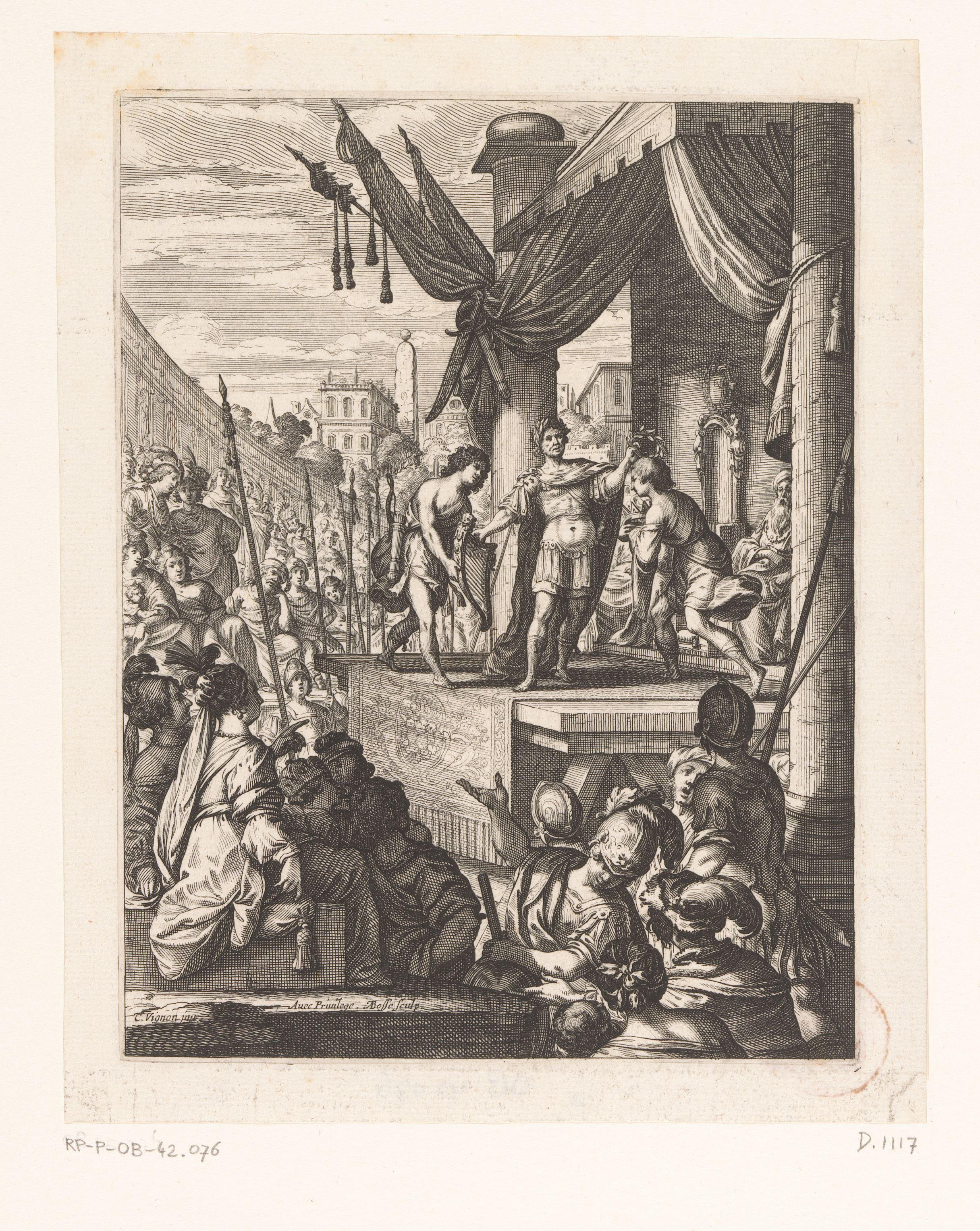 Melinte en Palamède krijgen op het toneel de tweede en derde prijs uitgereikt by Abraham Bosse