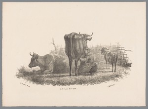 Melkende boerin, twee koeien en een ram