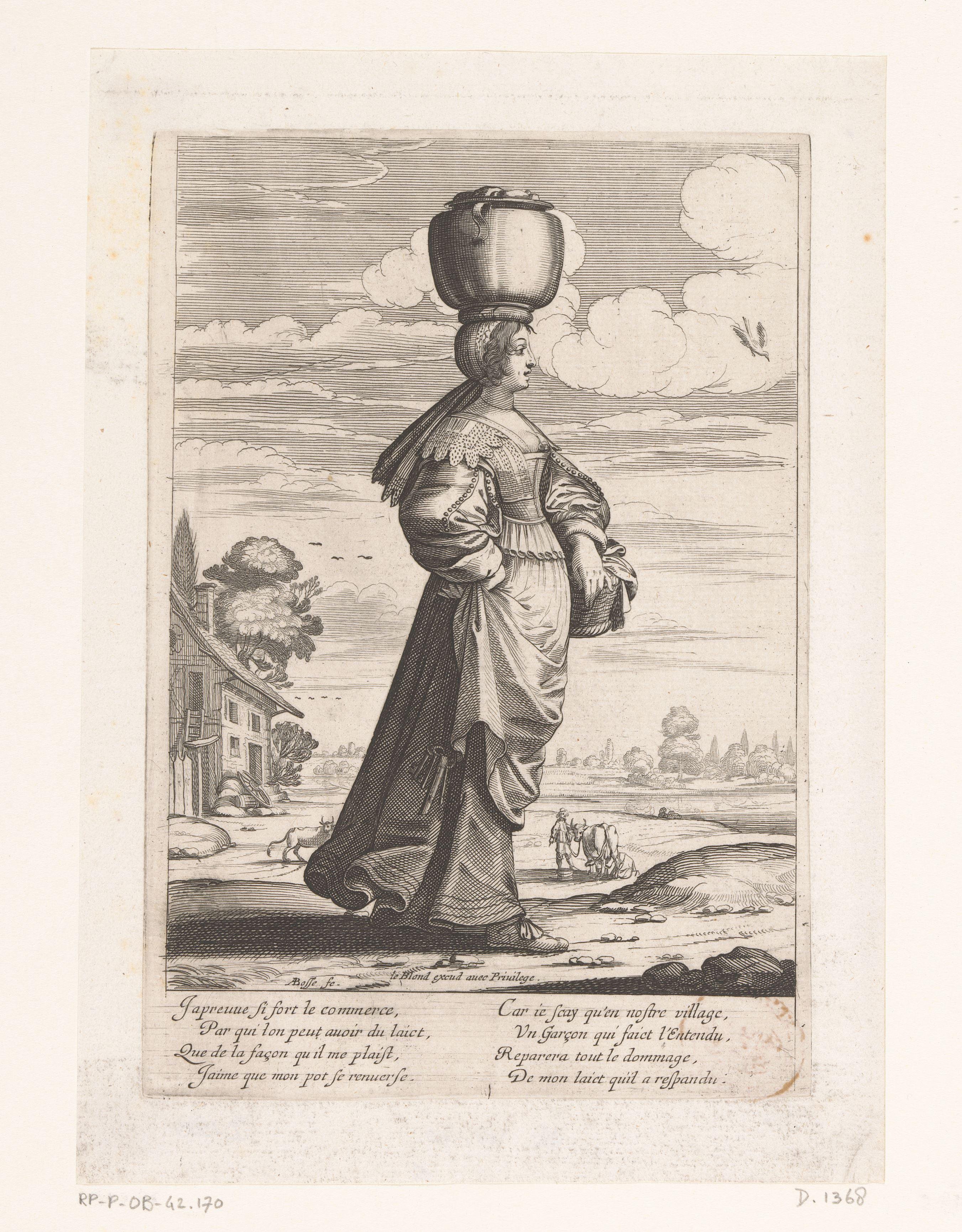 Melkmeid met een melkkruik op haar hoofd by Abraham Bosse