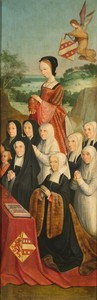 Memorial Panel with Nine Female Portraits, probably Kathrijn Willemsdr van der Graft and Family, with Saint Mary Magdalene and the Van Soutelande Family and Van der Graft-Van Soutelande Crests, inner right wing of an altarpiece