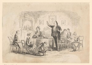Meneer Chadband predikt in een zitkamer met zeven personen