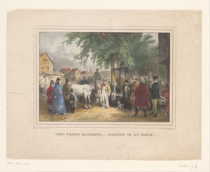 Menigte bij de verkoop van een paard op de paardenmarkt