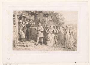 Menigte vrouwen voor een herberg met drinkers