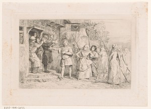 Menigte vrouwen voor een herberg met drinkers