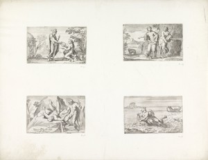 Mercurius geeft een lier aan Apollo / Juno wijst Diana op de in een beer veranderde Callisto / Hercules bevrijdt Prometheus / Arion door een dolfijn in veiligheid gebracht
