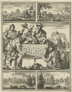 Mercurius half liggend op een steen waartegen twee krijgslieden een opschrift bevestigen