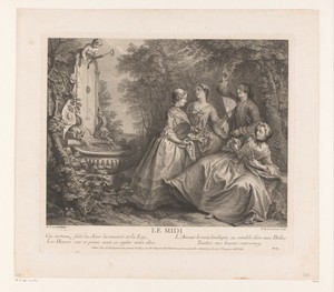 Middag: drie vrouwen met waaiers en een man bij een fontein