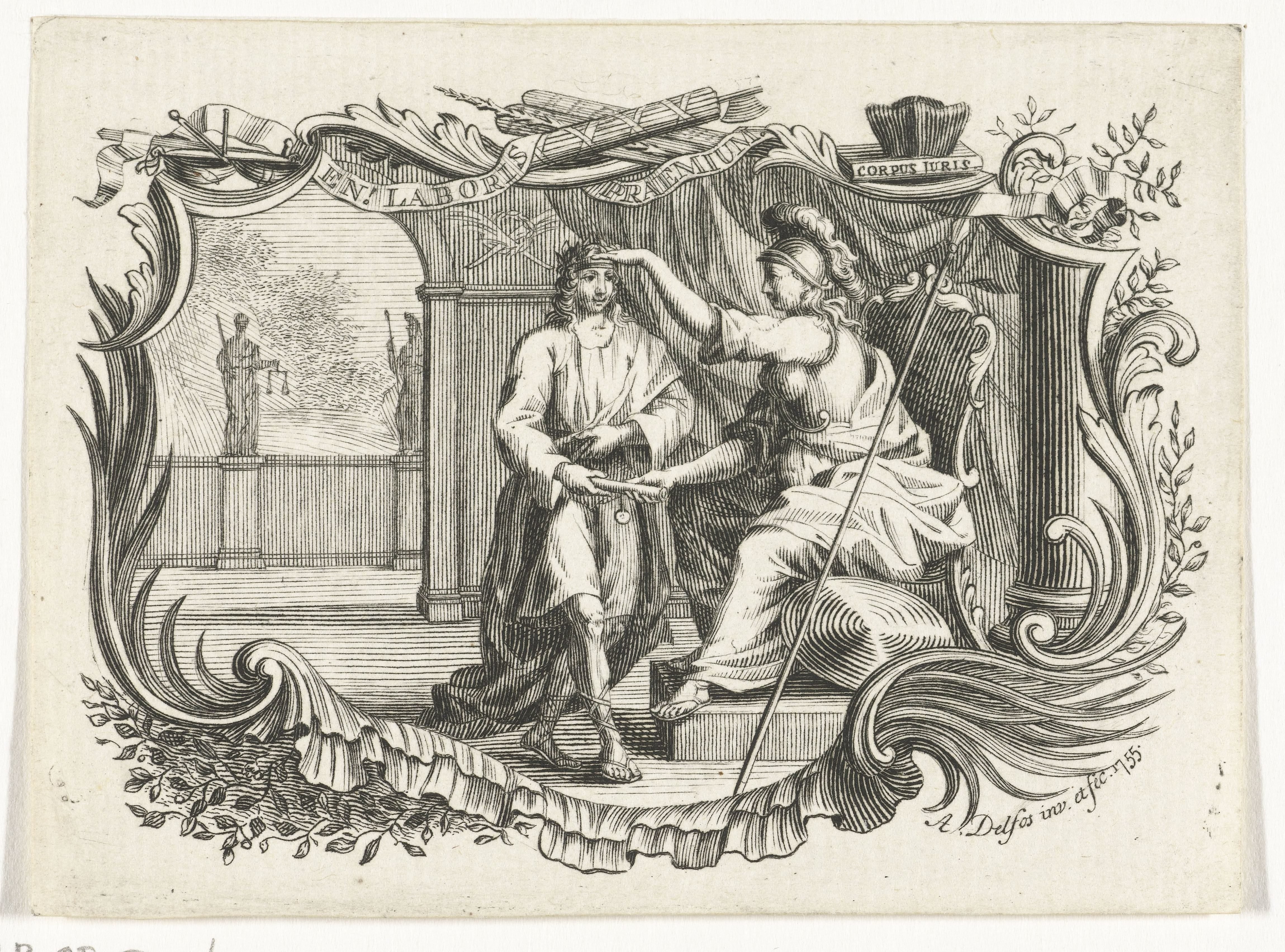 Minerva beloont of huldigt man voor zijn werk, in cartouche by Abraham Delfos