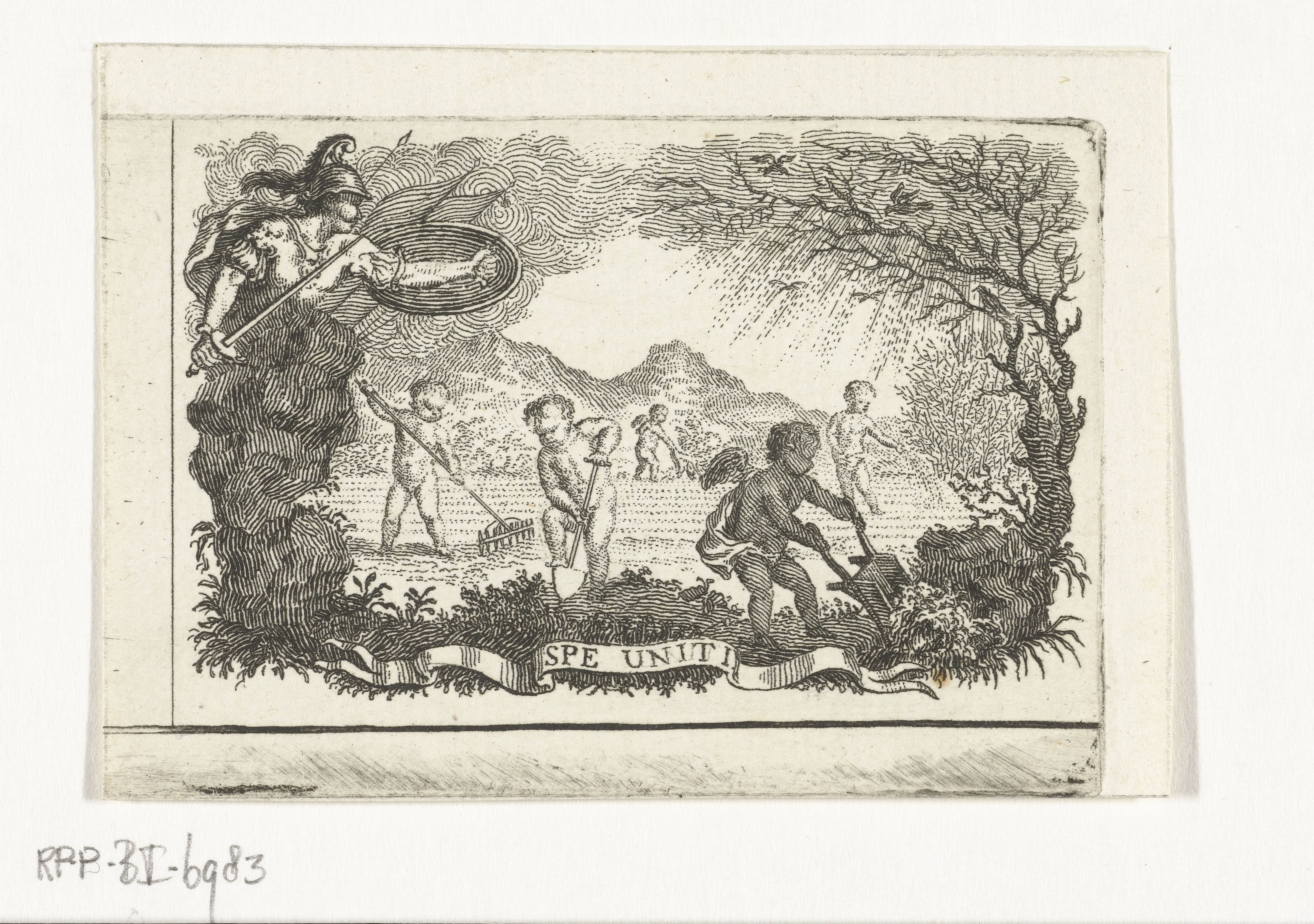 Minerva bij akker die bewerkt wordt door putti by Abraham Delfos
