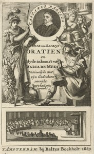 Minerva en Mercurius houden samen met een engel het portret van Caspar Barlaeus vast
