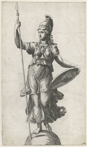 Minerva (Pallas Athena) in wapenrusting staand op globe