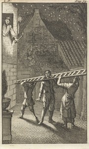 Mirandors meester, de advocaat, met het hoofd verward in de sporten van een brandladder