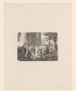 Mis in de open lucht naast een kerk