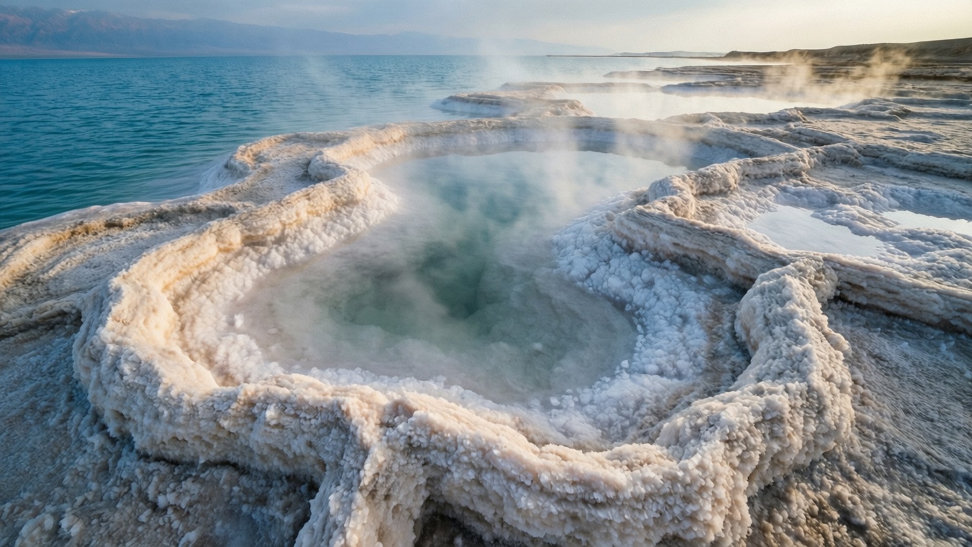 Misty Dead Sea Salt Formations by Wallpapers.art Studio