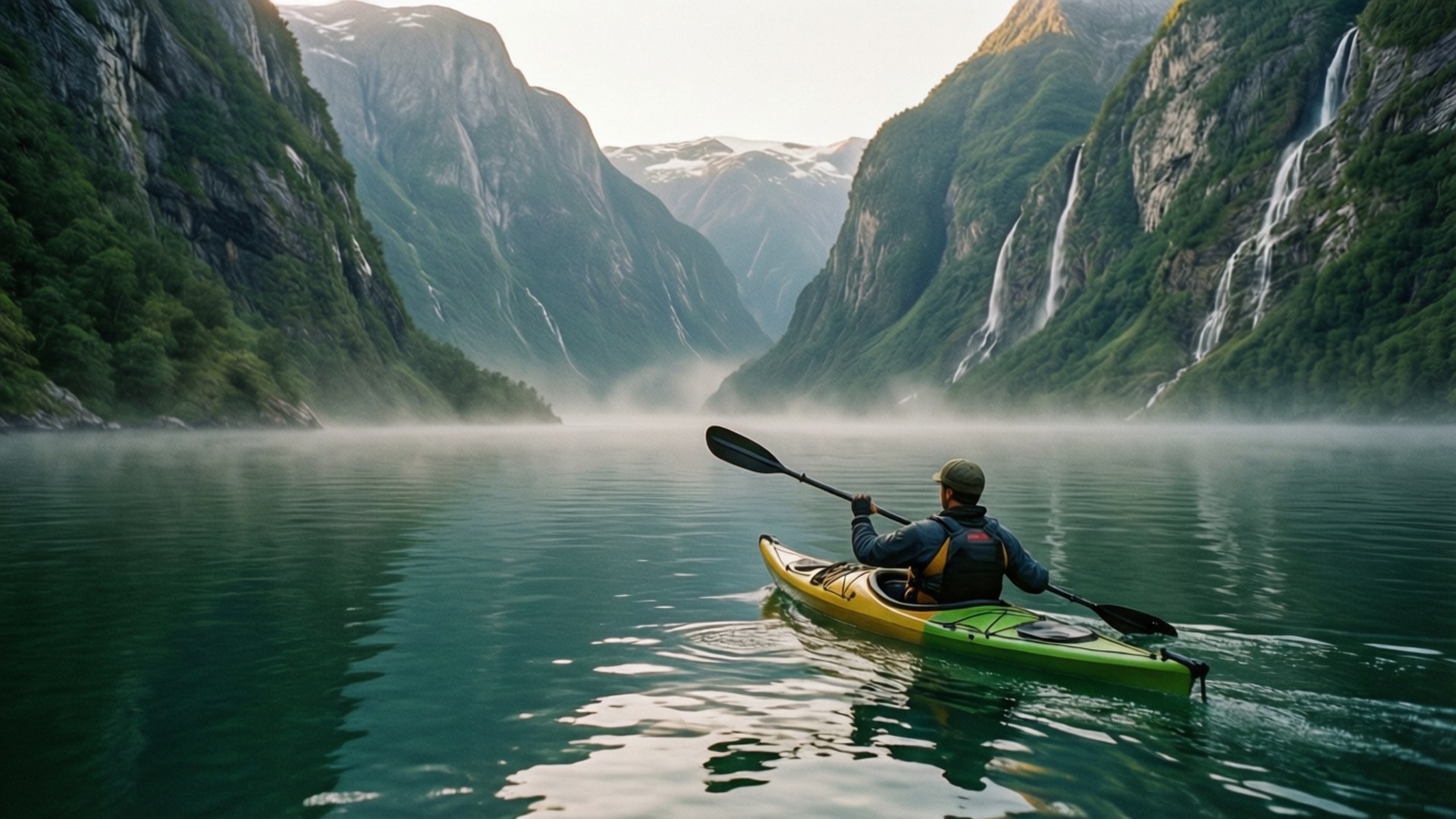 Misty Fjord Dawn Kayak by Wallpapers.art Studio