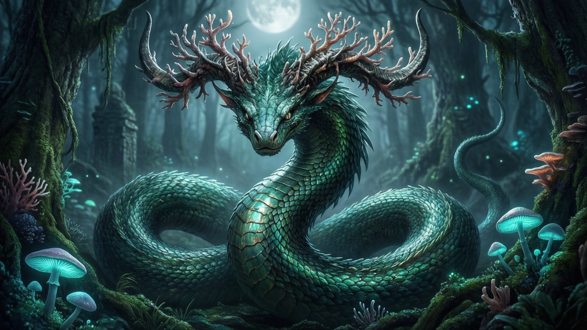 Misty Forest Horned Serpent by Wallpapers.art Studio