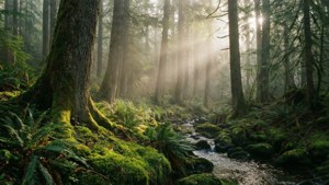 Misty Forest Sunlight