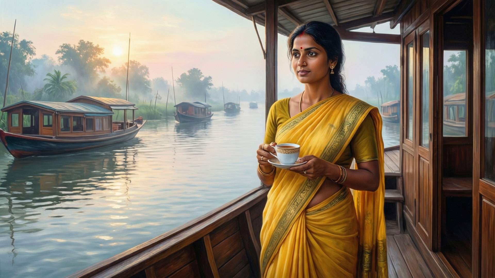 Misty Morning Houseboat by Wallpapers.art Studio