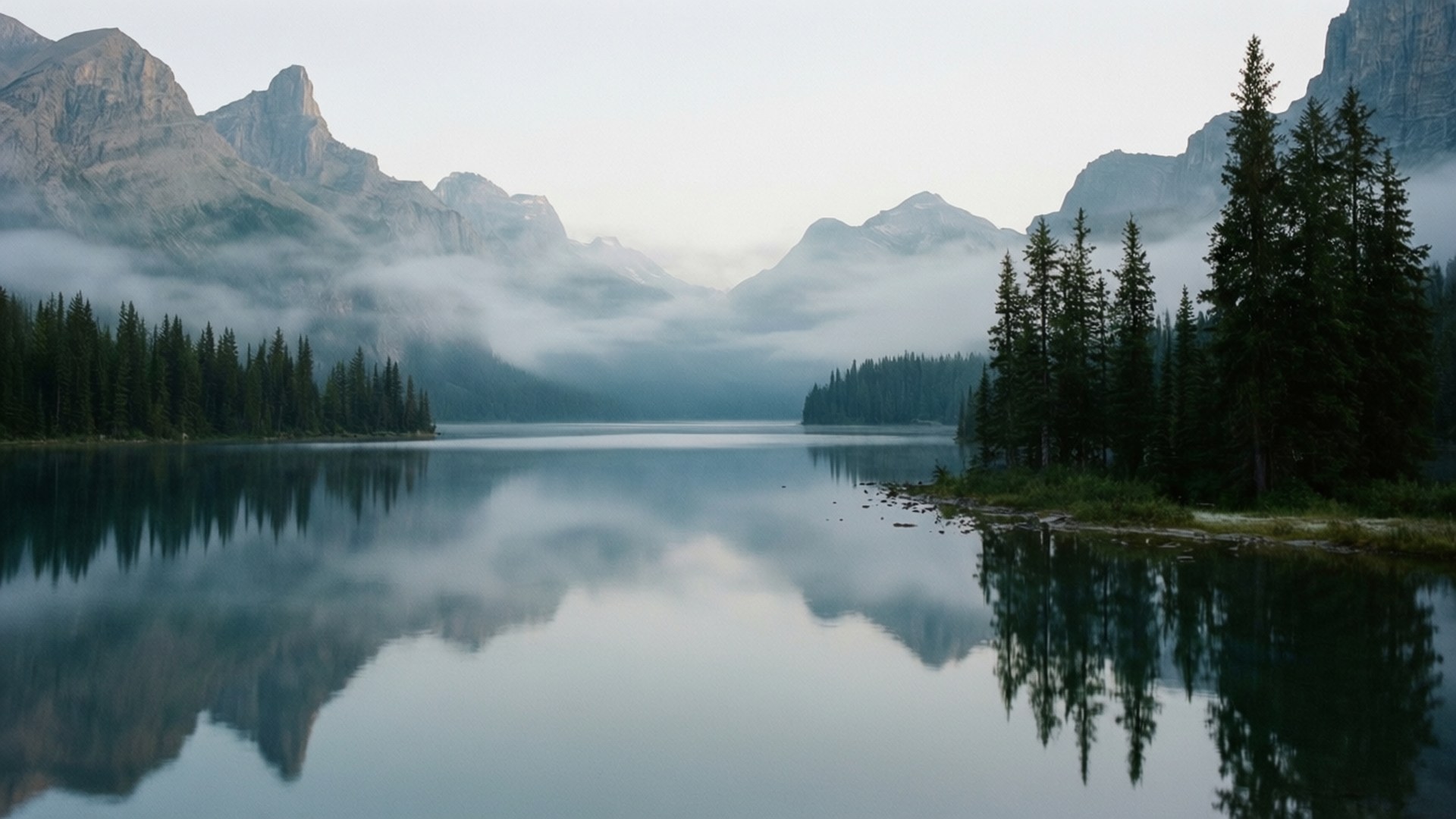 Misty Mountain Lake Reflection by Wallpapers.art Studio
