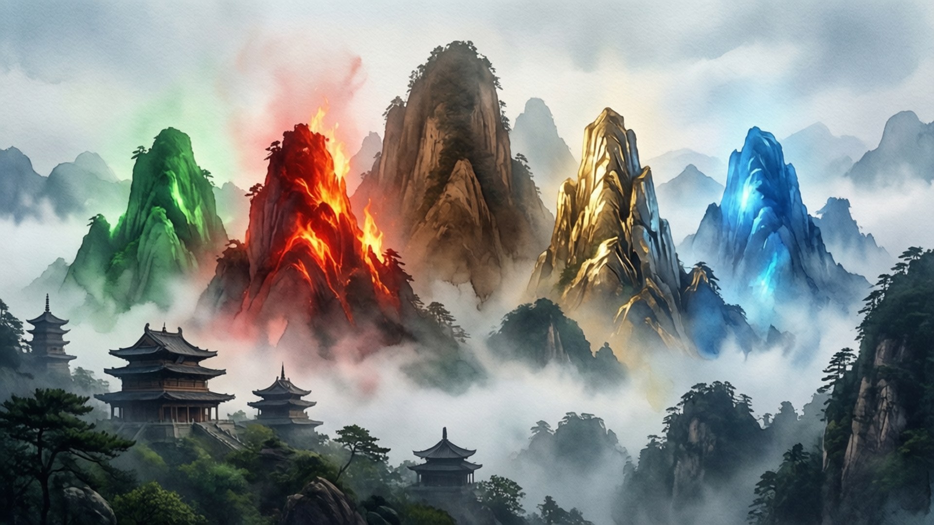 Misty Peaks of Elemental Power by Wallpapers.art Studio