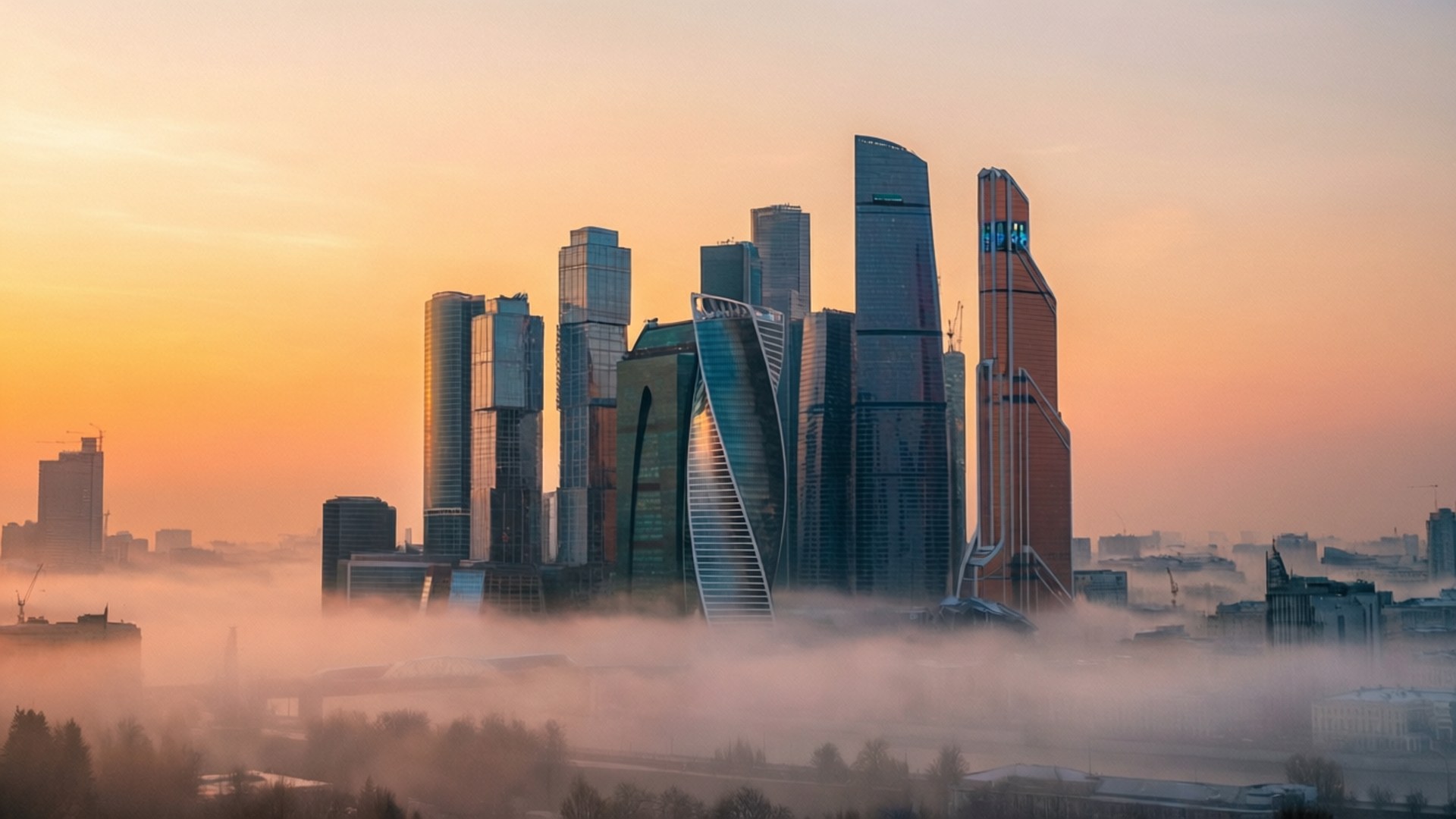 Misty Sunrise Skyline by Wallpapers.art Studio