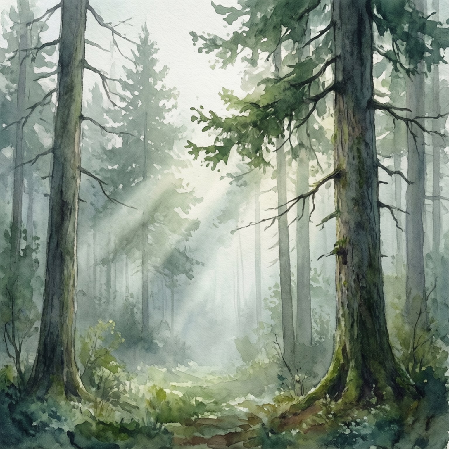 Misty Watercolor Pines by Wallpapers.art Studio