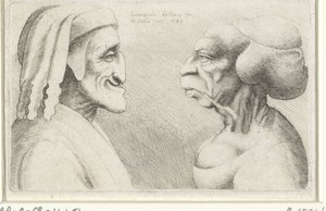Misvormde karikatuurkoppen van een man met muts(Dante?) en vrouw