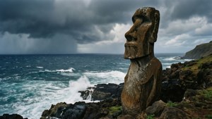 Moai on Stormy Cliff