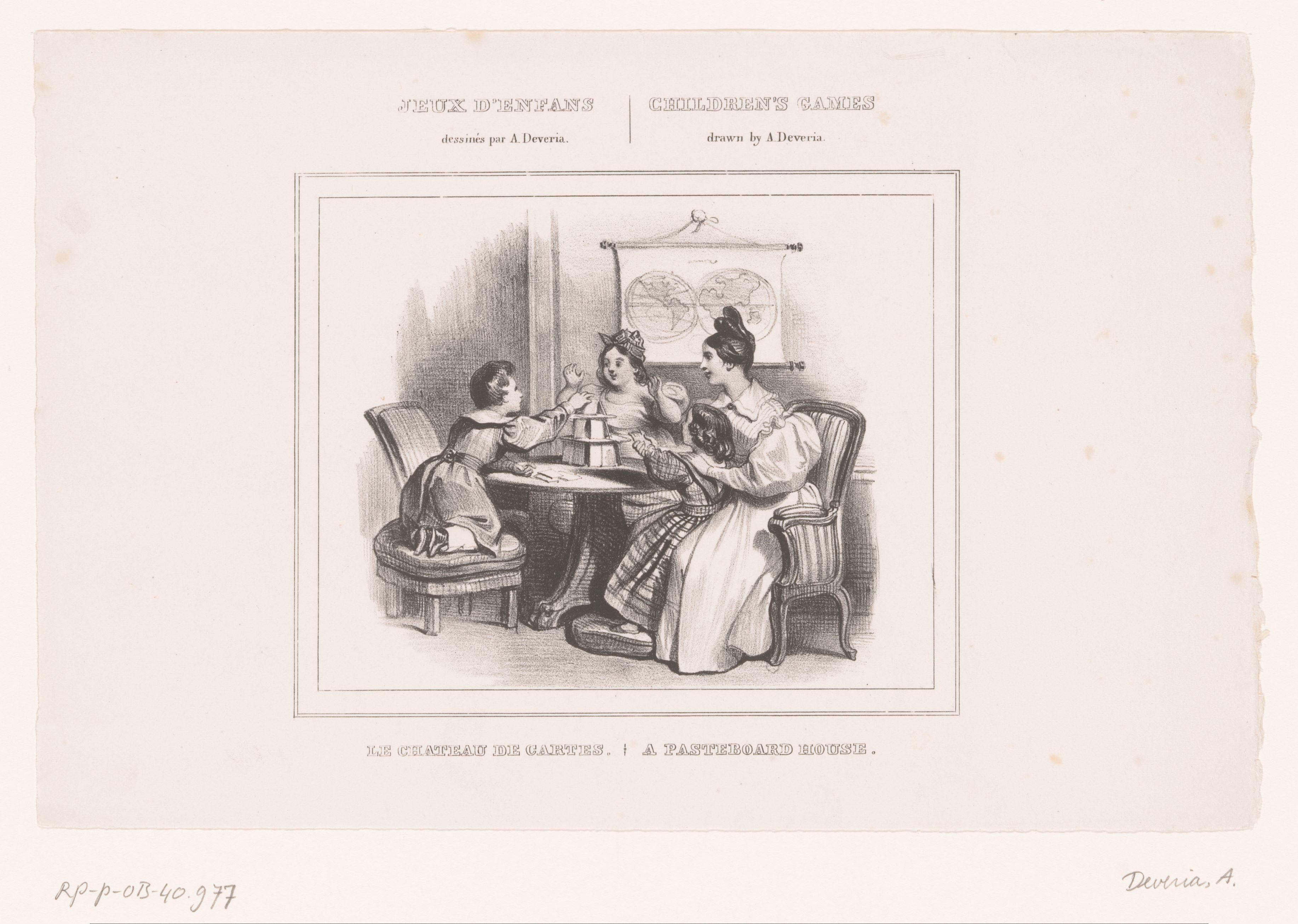 Moeder met drie kinderen die een kaartenhuis bouwen by Achille Devéria