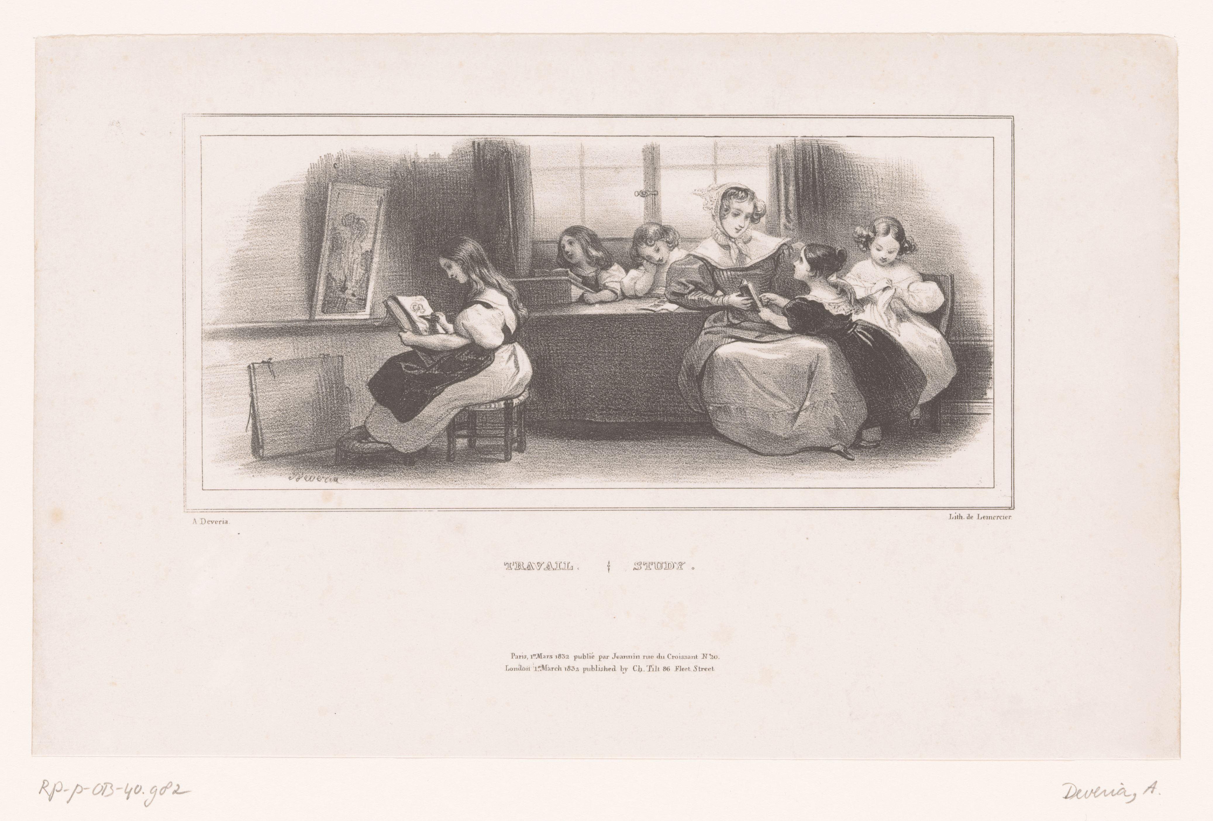 Moeder met meisjes die hun huiswerk doen by Achille Devéria
