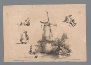Molen aan het water met rondom drie figuurstudies