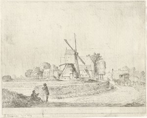 Molen en huizen langs een landweg