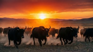 Mongolian Oxen at Sunset
