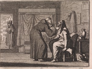 Monnik kijkt in de wijd geopende mond van een oude vrouw