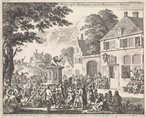 Monnik predikend vanaf een preekstoel tegenover een herberg