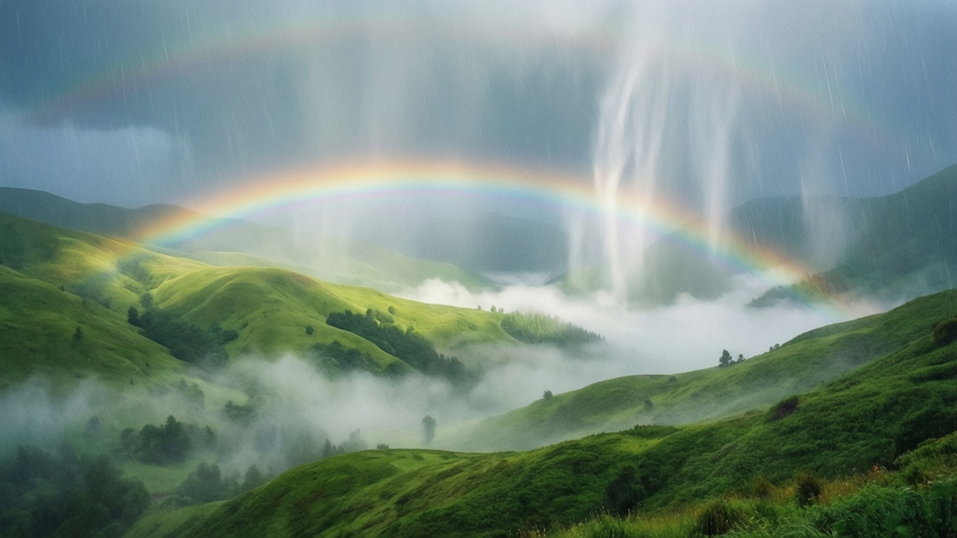 Monsoon Misty Rainbow Hills by Wallpapers.art Studio