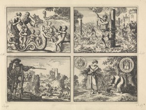 Monsters en misgeboorten, ca. 1590 /  Vier brandstichters te Praag levend verbrand, ca, 1583 / Spinola doet de muren van Mülheim afbreken, 1614 / Wonderlijke verschijning van een oud mannetje aan een arm boerenmeisje, terwijl hij haar mand vult met zilveren munten, 1605