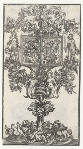 Monstrans met Maria met kind en Hieronymus als boeteling met links David met het hoofd van Goliath en rechts Judith met het hoofd van Holofernes