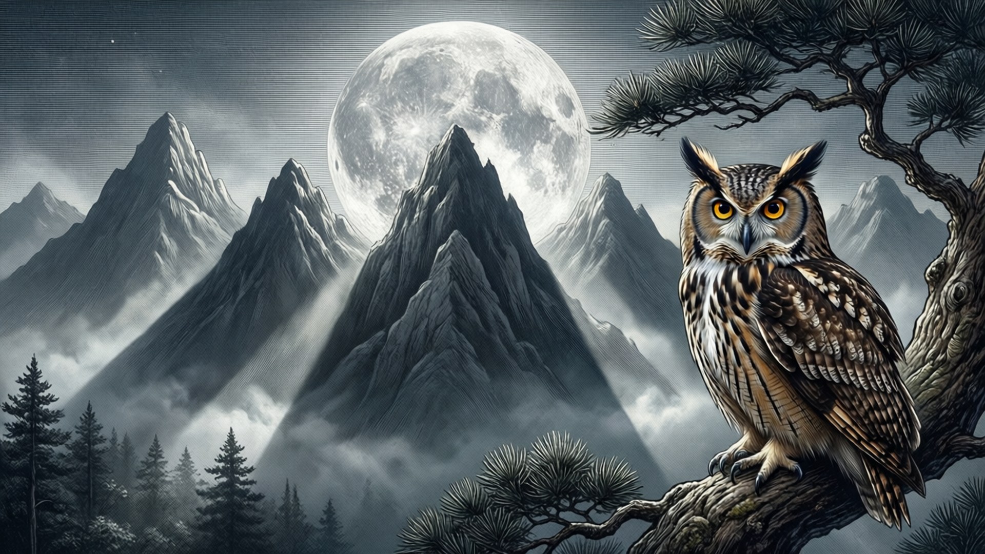 Moonlit Peaks with Owl by Wallpapers.art Studio
