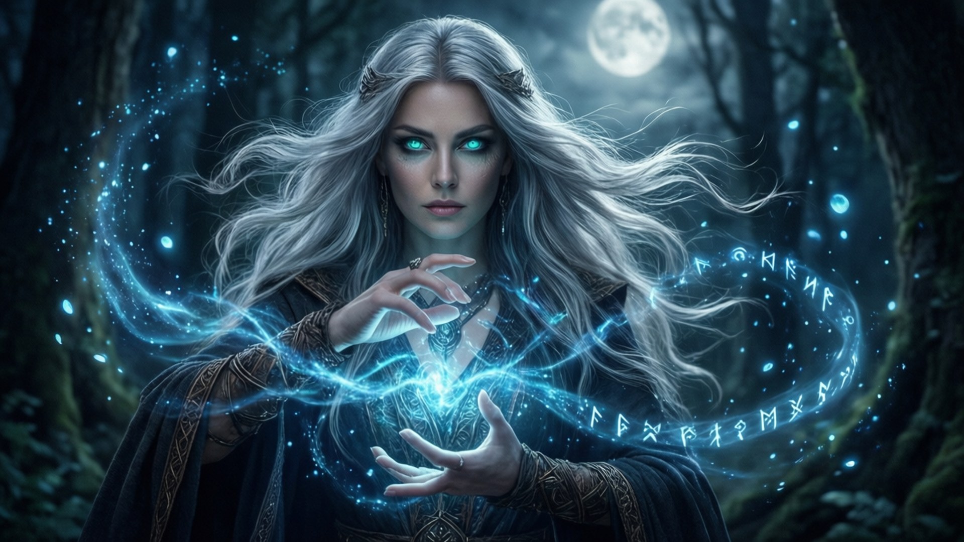 Moonlit Sorceress Spellcasting by Wallpapers.art Studio