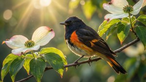 Morning Redstart on Dogwood