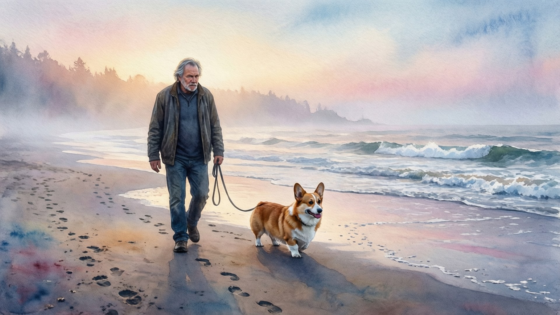 Morning Walk with Corgi by Wallpapers.art Studio