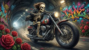 Motorcycle Skeleton in Rose Tunnel