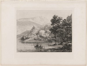 Mountain Lake with Monks in a Boat