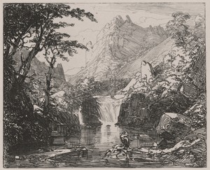 Mountain View with Waterfall and Water Birds