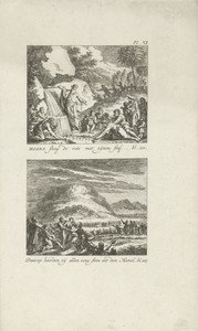 Mozes slaat water uit een rots, en Mozes op de berg Sinaï