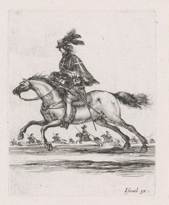 Musketier te paard in een landschap met meer ruiters te paard